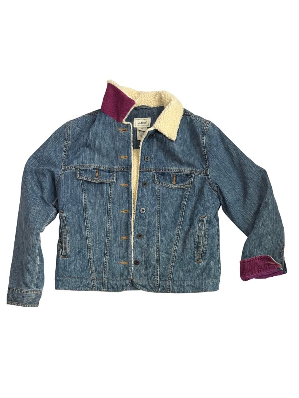 L.L.Bean Womens Size Large Denim Jean Trucker Jacket Sherpa Lined OBDY1